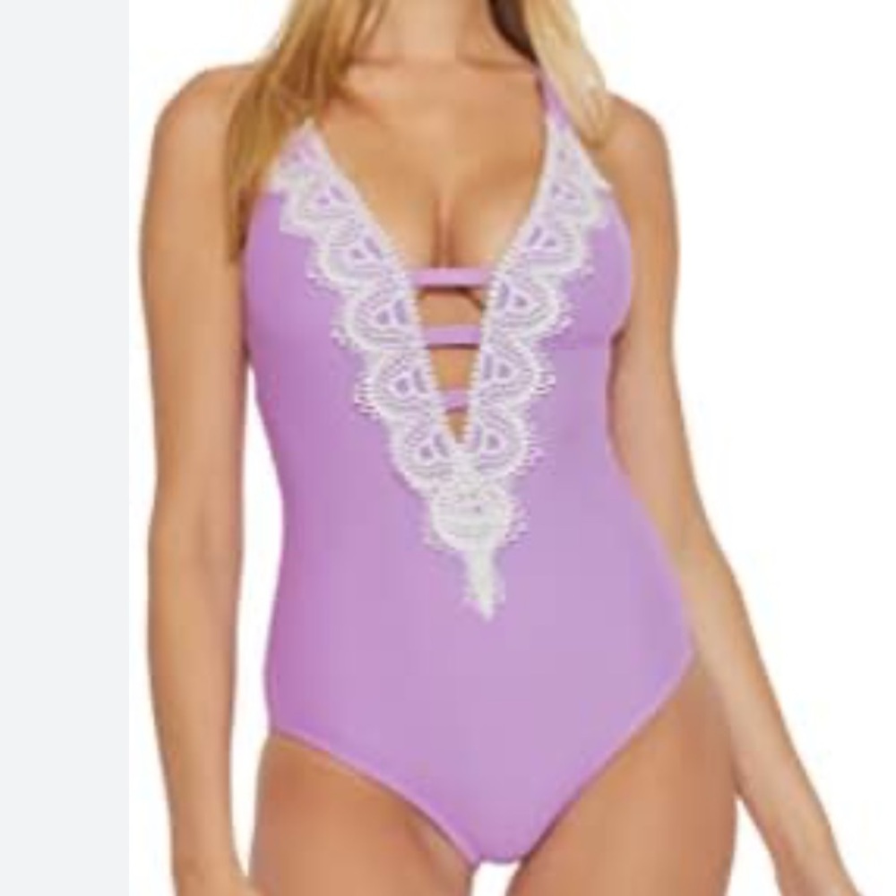 BECCA by REBECCA VIRTUE lavender Samantha Lace Plunge One Piece Swimsuit L NWT